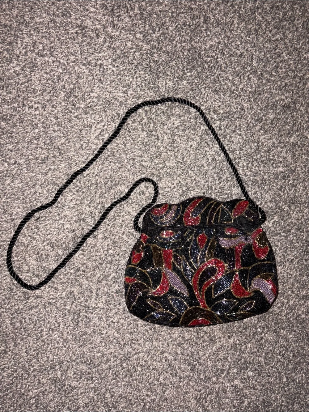 La Regale Black Beaded Crossbody with Red and Purple Paisley Accents